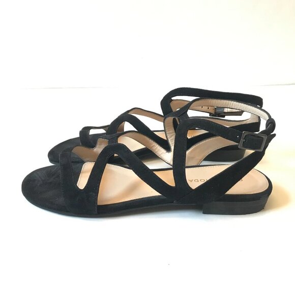 Pelle Moda Baron Sandals Womens 7 Black Suede Buckle Open Toe Flats Criss Cross - Picture 7 of 9